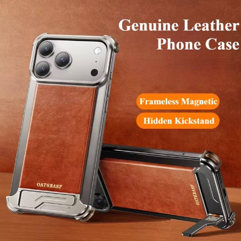 Luxury Magnetic Leather Phone Case for iPhone 17 Pro Max With Hidden Stand Frameless Aluminum Alloy Bumper Shockproof Cover