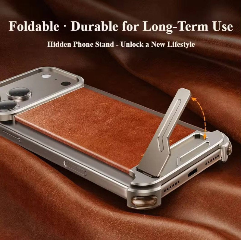 Luxury Magnetic Leather Phone Case for iPhone 17 Pro Max With Hidden Stand Frameless Aluminum Alloy Bumper Shockproof Cover