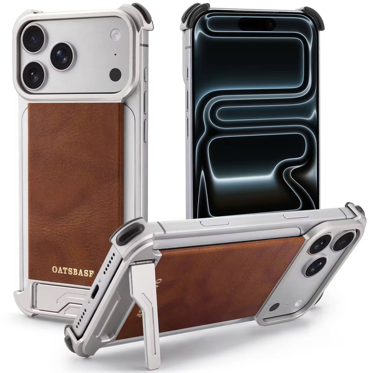 Luxury Magnetic Leather Phone Case for iPhone 17 Pro Max With Hidden Stand Frameless Aluminum Alloy Bumper Shockproof Cover