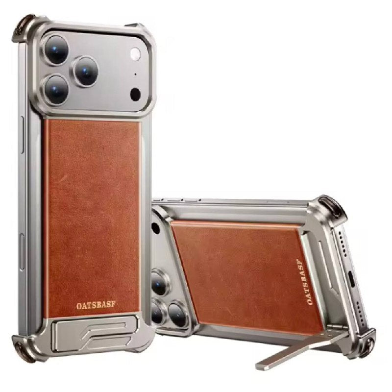 Luxury Magnetic Leather Phone Case for iPhone 17 Pro Max With Hidden Stand Frameless Aluminum Alloy Bumper Shockproof Cover