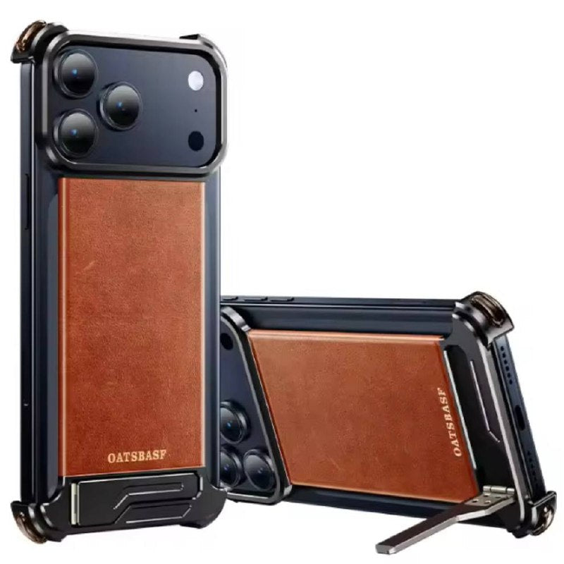 Luxury Magnetic Leather Phone Case for iPhone 17 Pro Max With Hidden Stand Frameless Aluminum Alloy Bumper Shockproof Cover