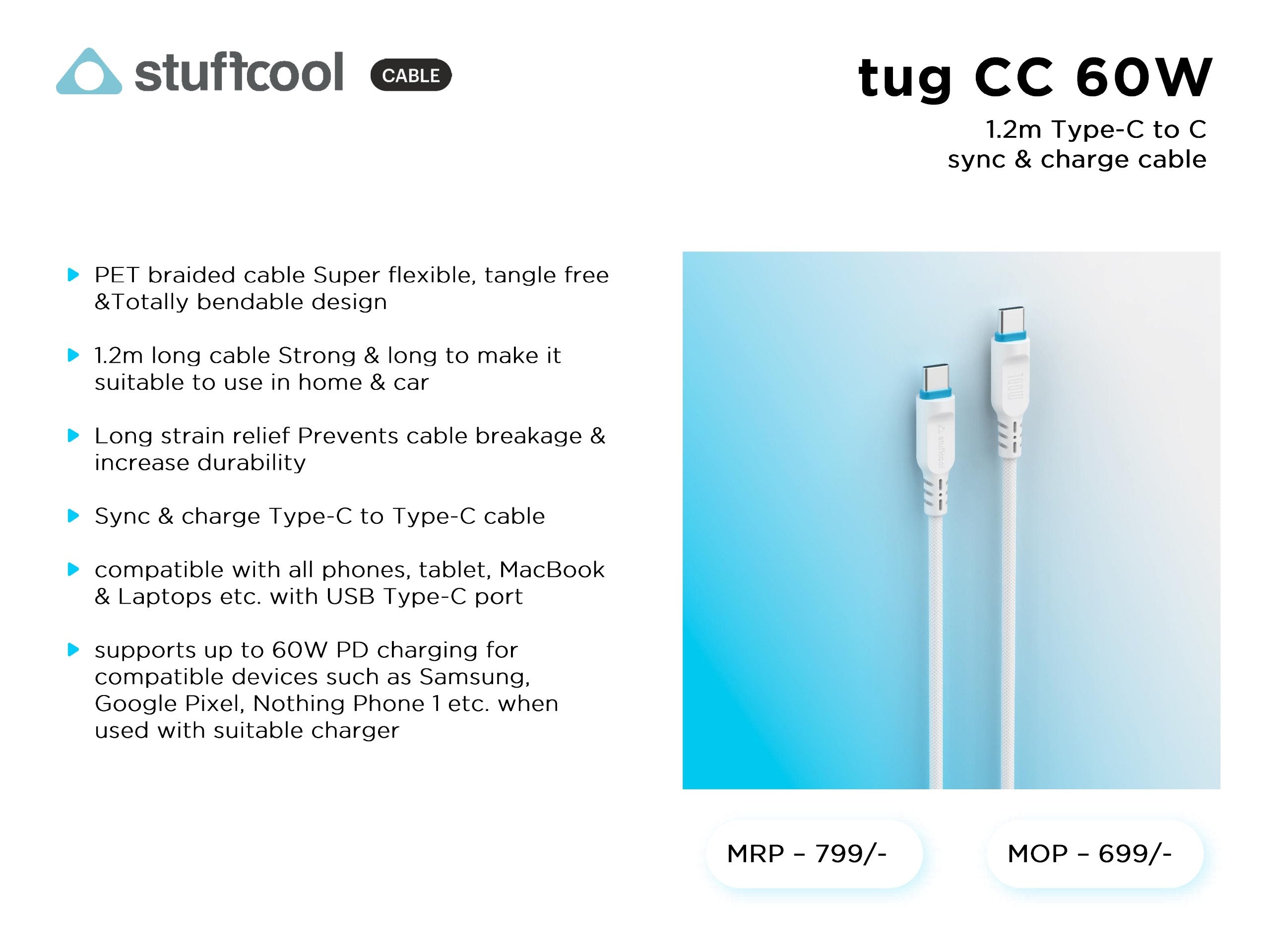 tug C-C 60W (3A) 1.2M Type-c to c Cable stuffcool
