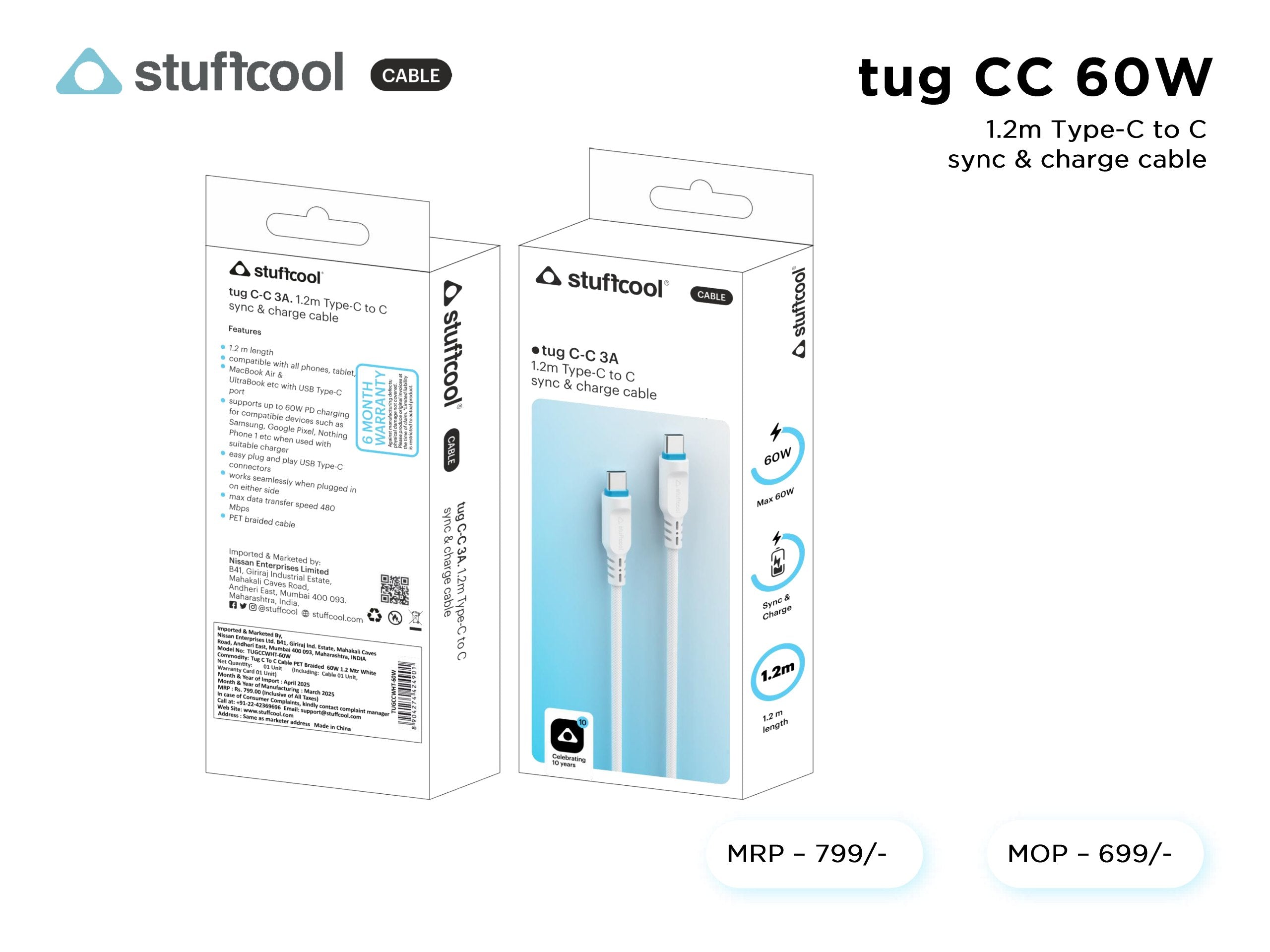 tug C-C 60W (3A) 1.2M Type-c to c Cable stuffcool