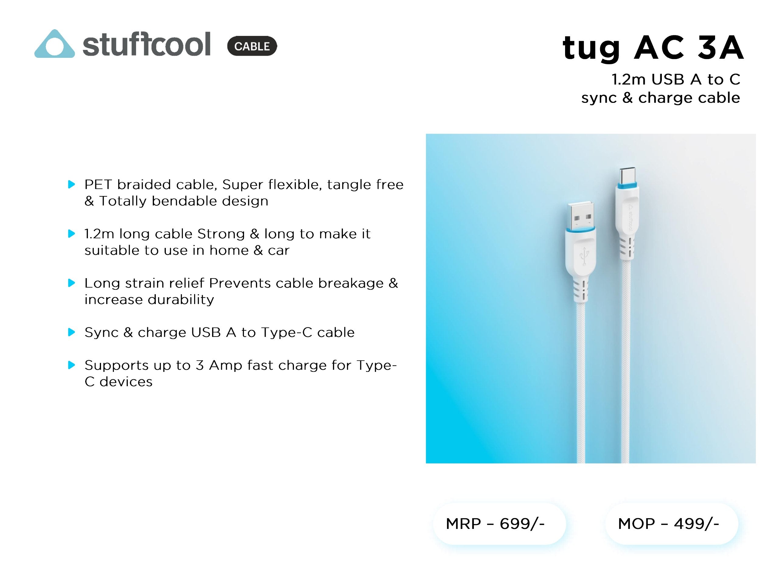 tug AC 3A 1.2M USB A to C CHARGE CABLE USB TO C stuffcool